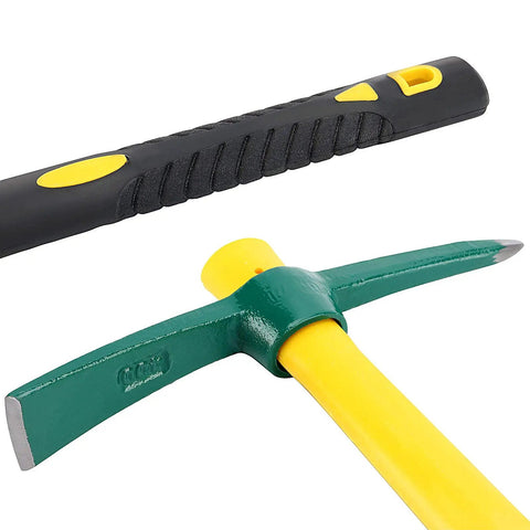 15 Inch Solid Pick Mattock Forged Garden Tool With Tough As Nails Heavy Duty Fiberglass Handle close-up of grip and head design
