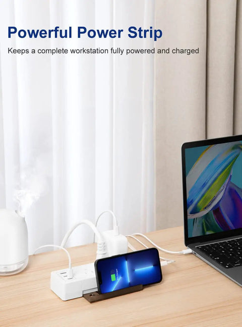 Ultra Flat Power Strip With 3 AC Outlets, 2 USB A Ports, 1 USB C Port, 1875W Surge Protector on desk with devices