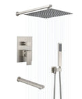 Rain Shower System Wall Mounted High Pressure Rainfall Shower Faucet In Brushed Nickel Finish with handheld shower head and brass valve.