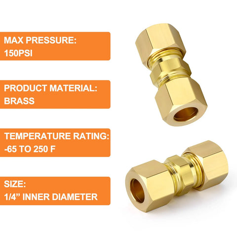 GASHER brass compression tube fittings, 1/4" ID (1/4" tube OD), pair shown
