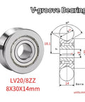 Heavy Duty Deep Groove Ball Bearings With V Groove Rail Roller Design, LV20/8 ZZ Dual Sealed Construction, showing 8mm bore and 30mm diameter.
