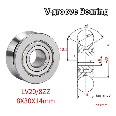 Heavy Duty Deep Groove Ball Bearings With V Groove Rail Roller Design, LV20/8 ZZ Dual Sealed Construction, showing 8mm bore and 30mm diameter.