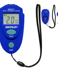 Handheld Portable Paint Coating Thickness Meter 0 To 2 Mm Non Destructive Tester For Iron Steel And Aluminum With Auto Shut Off For Quick Accurate Coating Readings On The Go Field Use And Easy Operation With Clear Consistent Readouts. Blue digital paint thickness tester with wrist strap