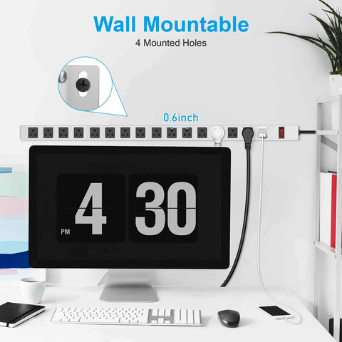 Beefy Metal 16 Outlet Power Strip With 1200J Surge Protection shown wall mounted above desk setup
