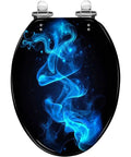 Novelty Elongated Resin Toilet Seat for Bathroom with blue smoke design, 18.5 inches long and adjustable hinges.