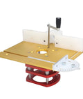 Router Table Lift Kit With Stainless Steel Base Plate For Quick Accurate Repeatable Setups On Woodworking Machines 64 To 66 mm Motor Diameters Four Mounting Holes And Included Screws And Wrenches Gold Finish, with gold and red components and adjustment handle.