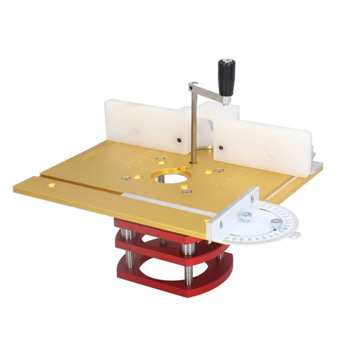 Precision Router Lift With Premium Gold Top Plate For Woodworking Slotting Trimming And Chamfering Tasks Slides. Gold aluminum plate with adjustment arm.