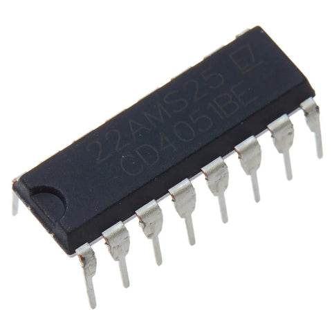 CD4051 8 Channel CMOS Analog Multiplexer Demultiplexer IC in DIP-16 package, close-up view of pins and labeling.