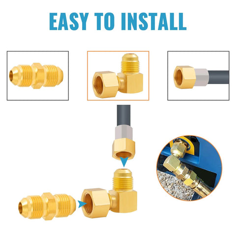 SUNGATOR brass 90-degree flare elbow fitting, 3/8" F swivel x 3/8" M flare, propane gas adapter, 1-pack