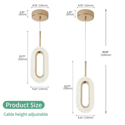 Gold Modern Ring Crystal Chandelier Two Piece Set with LED Tri Color Dimmable Lights, dimensions labeled, adjustable height shown.