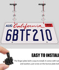 Four Piece Finger Style License Plate Bolts Set Stainless Steel Car Tag Frame Screws Fasteners Kit For Cars Trucks SUVs Motorcycles Black Finish With Funny Nut Caps shown with installation diagram on license plate