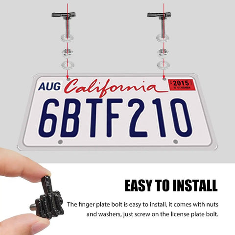 Four Piece Finger Style License Plate Bolts Set Stainless Steel Car Tag Frame Screws Fasteners Kit For Cars Trucks SUVs Motorcycles Black Finish With Funny Nut Caps shown with installation diagram on license plate