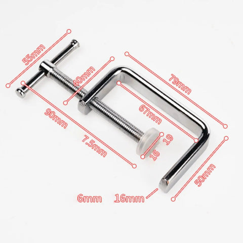 G Clamp Hand Tool For Tightening With Precise Threaded Screw And Ergonomic T Handle, 9 cm, with red dimension markers on white background