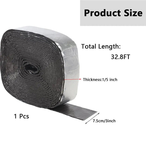 Heavy Duty Pipe Insulation Wrap Tape 32.8 Ft Long 3 Inch Wide Self Adhesive Fiberglass Foam With Aluminum Foil Layer Ceramic Water Pipe Insulation For Cold Weather Fits 1/2 To 1 1/4 Inch Pipes Black roll with size details.
