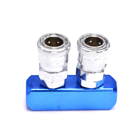 Two Way Five Port Aluminum Pneumatic Manifold Block Splitter Inline Fittings For Air Compressors And Portable Air Tanks Easy Install One Quarter Inch Threads Sky Blue All Ports Same Size Pack Of Two
