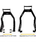 Universal Front And Rear Motorcycle Stand Lift Combo In Black With Front Fork Roller And Swingarm Y Lift And Paddle Lift
