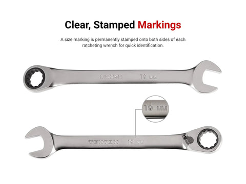 10 mm Reversible 12 Point Ratcheting Wrench With 72-Tooth Box End, 5-Degree Swing, Offset 15 Degree Box End for identification
