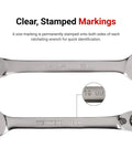 Reversible 12 Point Ratcheting Wrench Set With Modular Organizers 15 Piece From Quarter Inch To One Inch showing stamped markings