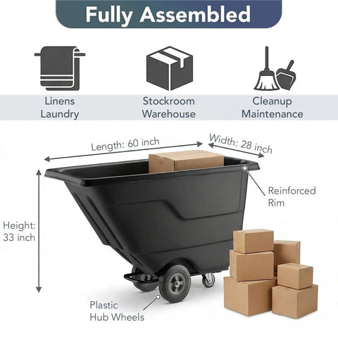 Rugged Build Tilt Truck Dump Cart Boasts Half Cubic Yard Volume And 300 Pound Weight Limit with boxes for storage.