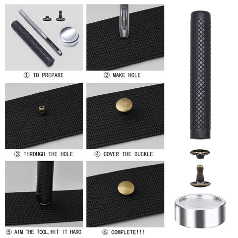 Step-by-step use of 400 Set Double Cap Leather Rivets 5mm Tubular Metal Studs with 3 Piece Setting Tools Kit for craft repair.