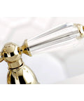 4 Inch Centerset Bathroom Faucet Polished Brass Deck Mount 3 Hole Installation No Drip Ceramic Disc Cartridge 1.2 GPM At 60 PSI Built To Last For Any Bath Remodel, close-up of polished brass handle with clear accent.
