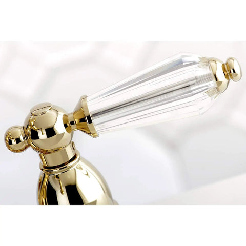 4 Inch Centerset Bathroom Faucet Polished Brass Deck Mount 3 Hole Installation No Drip Ceramic Disc Cartridge 1.2 GPM At 60 PSI Built To Last For Any Bath Remodel, close-up of polished brass handle with clear accent.