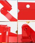 Close-up views of the Red 9 By 9 Inch Manual Sliding Grain Gate with screws, showing hinge and construction details