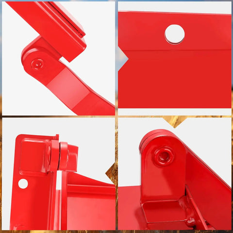 Close-up views of the Red 9 By 9 Inch Manual Sliding Grain Gate with screws, showing hinge and construction details