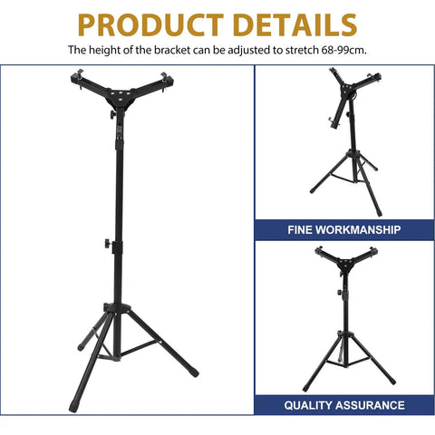 Heavy Duty Black Alloy Snare Drum Rack And Holder Stand With Adjustable Height Hinged Support showcasing adjustable height from 68-99cm.