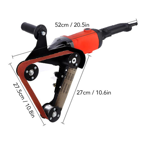 Diy Mini Belt Sander And Stainless Steel Pipe Polisher Featuring Flexible 20 And 40 Mm Strips For Zero Stress Grinding And Hella Smooth Finishes On Tight Curves Today with measurements shown.