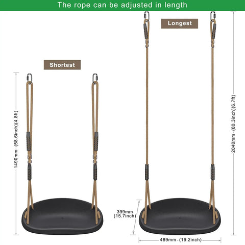 Two Pack Heavy Duty Swing Seats With 500 Pound Capacity And Wider Swing Board Anti Slip Surface Height Adjustable Rope From Fifty To Eighty Inches Built For Backyard Patio Garden Playground, showing adjustable rope length and seat dimensions.