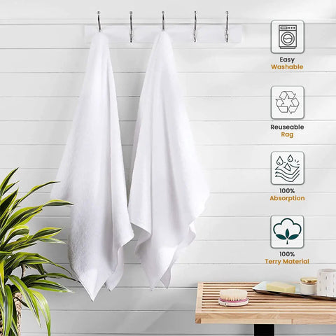White Terry Rags Bulk Pack 12x12 Inches 100 Percent Ring Spun Cotton Multipurpose Cleaning Cloths hanging on hooks in a room.