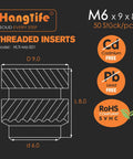 Technical drawing of M6 Brass Heat-Set Threaded Inserts For 3D Printing And Plastic Parts with dimensions