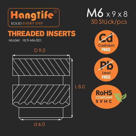 Technical drawing of M6 Brass Heat-Set Threaded Inserts For 3D Printing And Plastic Parts with dimensions