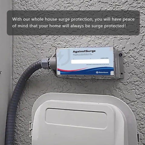 Heavy Duty Whole House Surge Protector Rated At 140,000 Amps That Safeguards Your TV, Computer, Smart Appliances, HVAC And More, Easy Install Plug And Play Home Surge Guard For Solid Peace Of Mind installed on wall