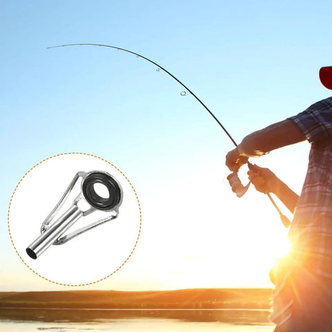 All In One Fishing Rod Tip Repair Kit For Freshwater And Saltwater Rods With Stainless Steel Ceramic Ring Guides, 50 Piece Replacement Set, Includes 1.6mm To 3.0mm Hole Sizes For Quick Durable Tip Fixes, shown on fishing rod