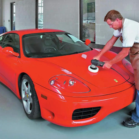 Man using Powerful 4.5 Amp 6 Inch Orbital Sander And Polisher With Variable Speed 2,500 To 6,800 OPM on a red car