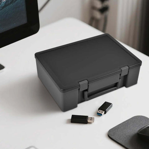 Boss Grade Slick USB Flash Drive Case With A Legit 104 Slot Layout For Organizing Your Thumb Drives Using Dual Size Removable Foam For Fast Stash And A Fresh Desk Setup In Classic Black on desk with USB drives.