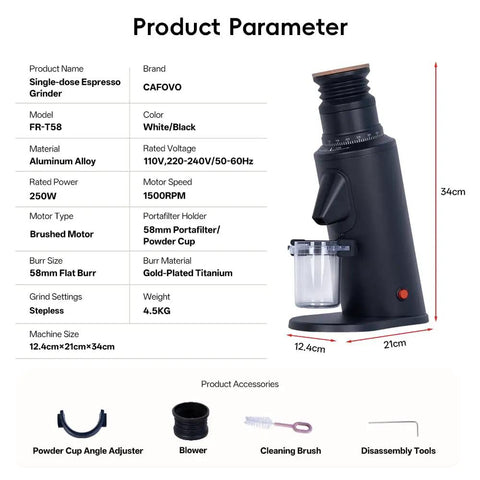 Top Shelf 58 Mm Gold Titanium Flat Burr Coffee Grinder Featuring Anti Static Build And Slick Stepless Adjustment For Real Deal Home Barista Daily Espresso Setup with detailed product parameters.