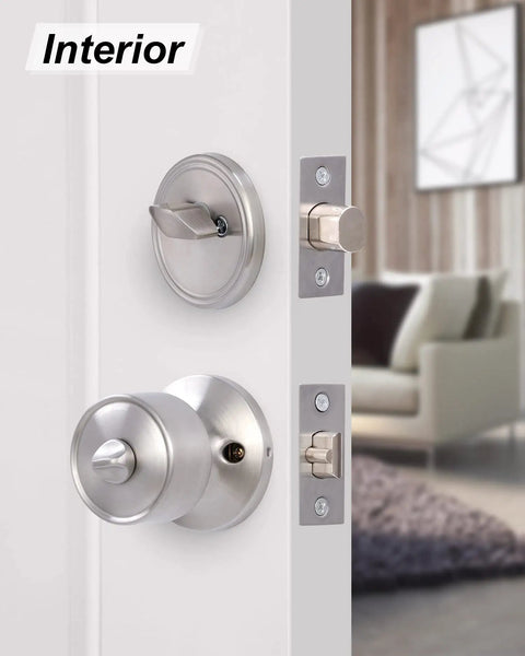 Interior view of satin nickel finish door with Two Sets Keyed Alike Entry Door Knob And Deadbolt Lock Combo Set For Front Door