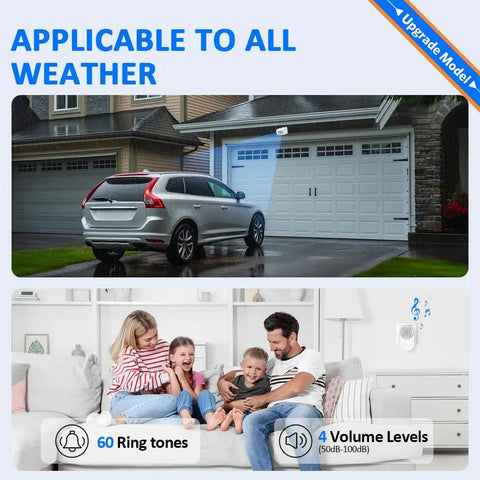 Wireless Driveway Alarm System Weatherproof Motion Sensor With Plug In Receiver And Loud Chimes, car near garage and family indoors