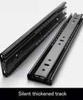 One Pair Three Stage Drawer Slides Cold Rolled Steel Built Tough As Nails Heavy Duty Closet Glides Roll Whisper Quiet Cabinet Track close-up on glides.