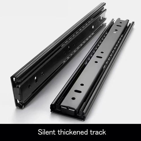 One Pair Three Stage Drawer Slides Cold Rolled Steel Built Tough As Nails Heavy Duty Closet Glides Roll Whisper Quiet Cabinet Track close-up on glides.