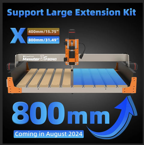 FoxAlien Masuter 3S CNC router with orange frame and blue workpiece, 3-axis engraving milling machine, front view