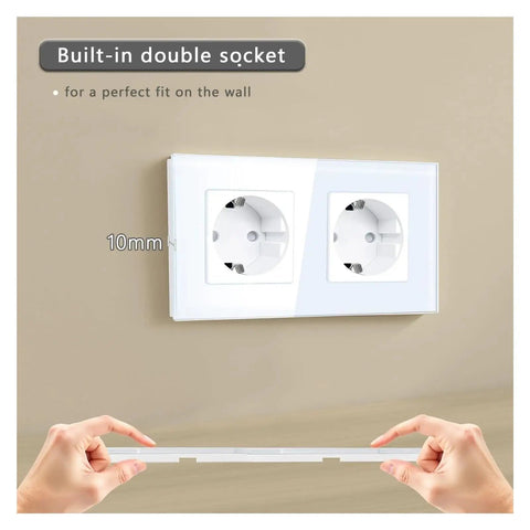 Built Tough Dual Schuko Wall Socket Slick Tempered Glass Panel No Fuss Child Proof Shield 16 Amp 3500 Watt Heavy Duty Power Outlet installed flush against wall.