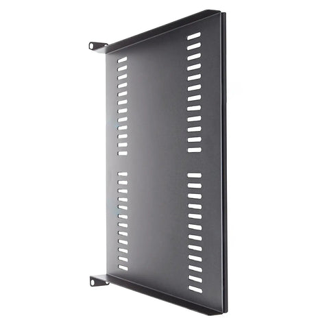 Heavy Duty 1U Server Rack Shelf With Vented Mounting Tray For 19 Inch Equipment Cabinets, showcasing sleek black vented design.