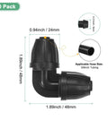 Close-up of a Drip Irrigation Barbed Locking Fittings 10 Pack, 3/8 Inch Elbow Tubing Connector with size details and plastic material