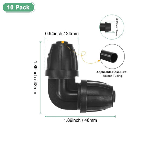Close-up of a Drip Irrigation Barbed Locking Fittings 10 Pack, 3/8 Inch Elbow Tubing Connector with size details and plastic material
