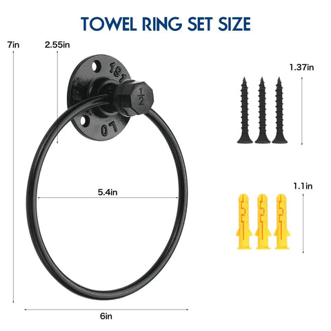 Rad Industrial Pipe Towel Ring Wall Mounted For Bathroom Rustic Black Iron Hand Towel Holder Durable Wall Mount Rack For Towels Easy Install Waterproof Rustproof Six Inch Ring Fits Most Towels