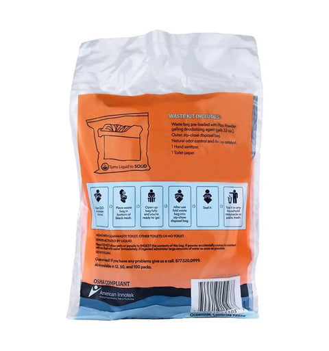 Go Anywhere Portable Toilet Kit For Camping And Travel With NASA Gelling Powder Gel Waste Bag System packaging